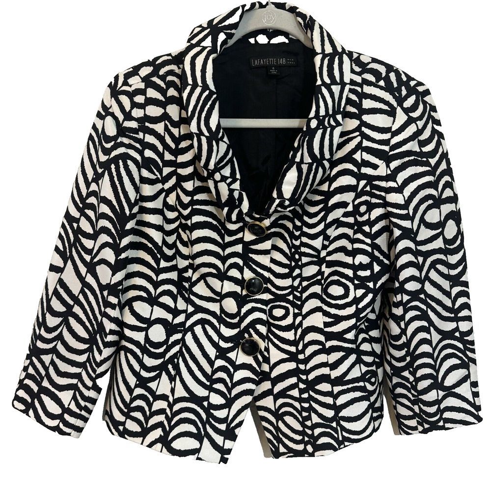 LAFAYETTE 148 Zebra Print Silk Blazer Black White Gold Buttons Career Size 4